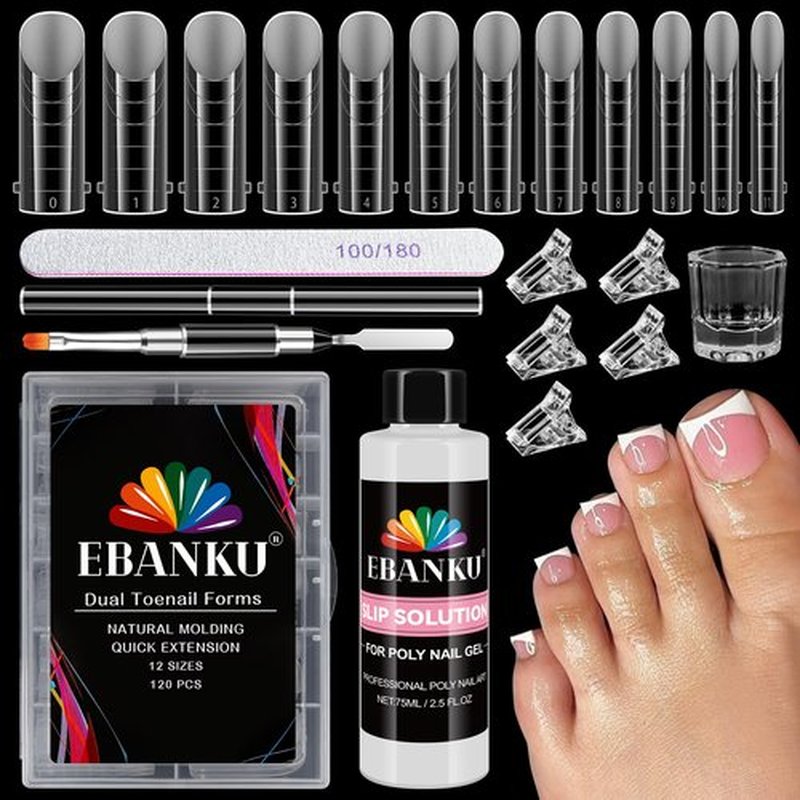 EBANKU Poly Gel Toenail Kit, Reusable Toe Dual Nail Forms with 2.5oz Slip Solution Poly Gel Nail Kit for Toe Nail Tips for Women with Double-end Brush, File, Clips, Liquid Container, 120PCS, 12 Sizes