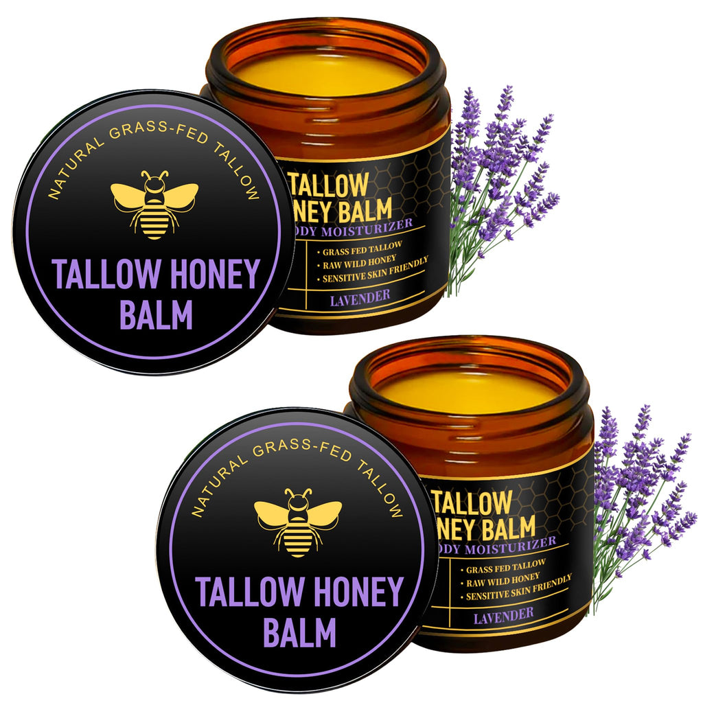 UMHWYZW 2 PCS Tallow and Honey Balm for Face with Lavender Aroma, Organic Grass Fed Beef Tallow for Skin Care for Men Women, Natural Body Moisturizer Cream for Dry Skin(Lavender)