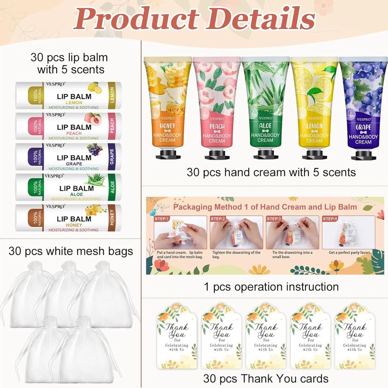 VESPRO Hand Cream & Lip Balm Set - 30 Pack Gift Set with Thank You Cards & Organza Bags | Perfect for Mother's Day, Weddings, Birthdays & Teacher Appreciation