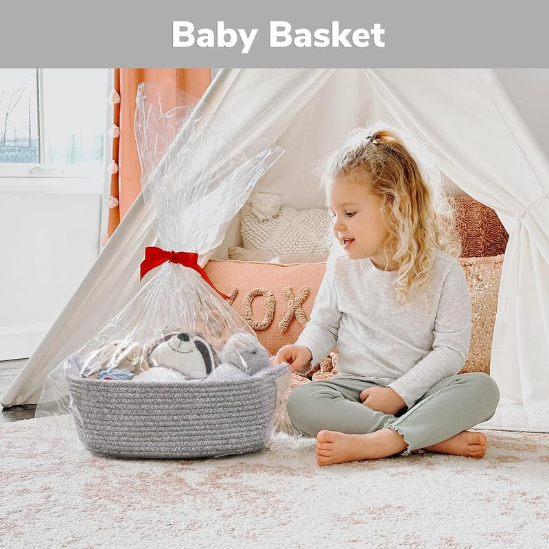 CHICVITA Decorative Gift Basket - Easter Basket for Kids | Woven Rope Storage Organizer, Grey, 13 x 9.8 x 5 Inches