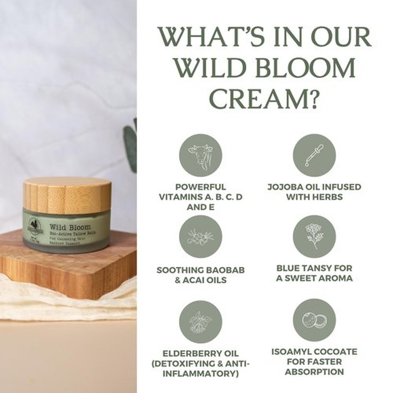 Hearth and Homestead: Handmade Wild Bloom Bio-Active Tallow Face Balm/Cream with Blue Tansy - Hydrate, Nourish, and Protect Skin - .7 oz