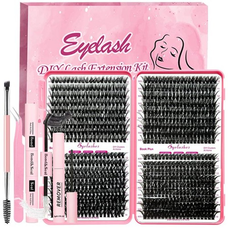 Qiveaory DIY Lash Extension Kit 720pcs Individual Lashes Clusters D Curl Eyelash Extension Kit with Lash Bond and Seal, Eyelash Remover Tweezers Brush(10-18mm,30D+40D+50D+60D) Lash Books DIY at Home