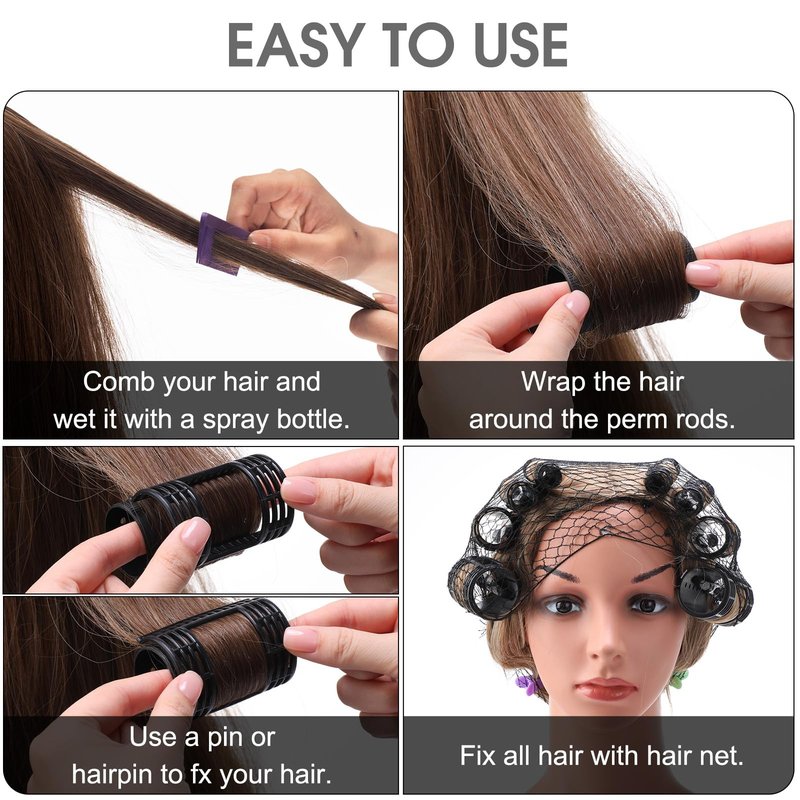 WILLBOND 65 Pieces Magnetic Hair Rollers Set Plastic Rollers Curlers with Clips 4 Sizes for Long Medium Short Hair, Duck Clips Hairnet Hairdressing Styling Tool(Black)