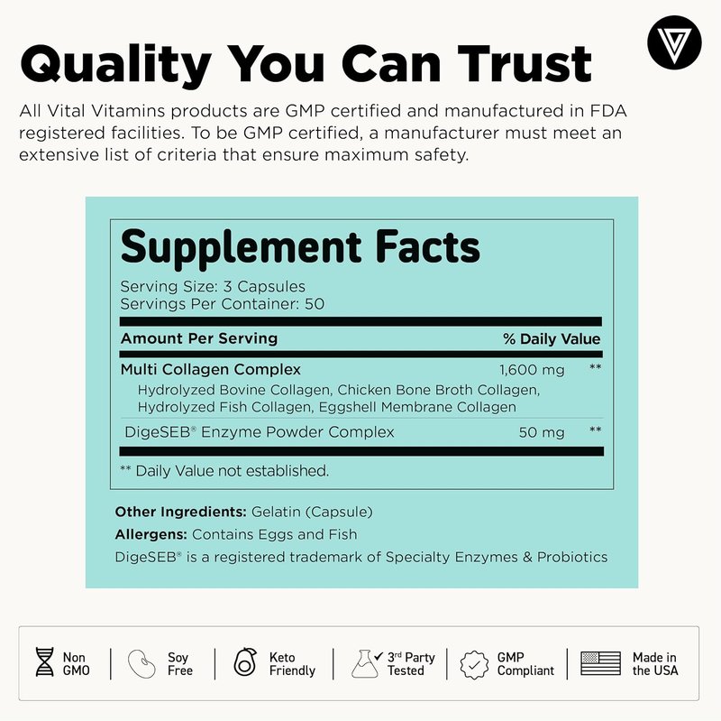Vital Vitamins Multi Collagen Capsules - Type I, II, III, V, X - Grass Fed & Non-GMO - 150 Count