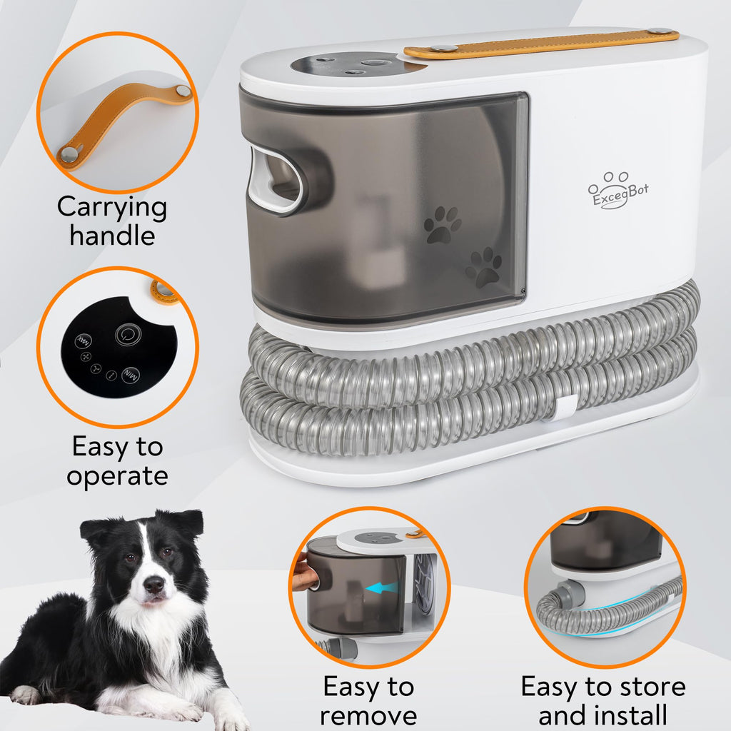 ExcegBot Pet Grooming Vacuum for Dogs & Cats, 12kPa Strong Suction, ≤50dB Quiet, 2L Dust Cup, 5-in-1 Grooming Kit with Ceramic Clippers, 6 Guide Combs, Vacuum for Shedding & Long-Haired Breeds
