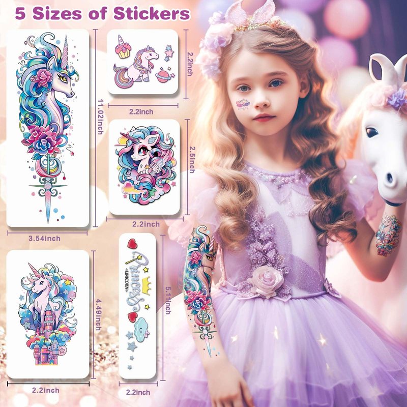 Unicorn Temporary Tattoo for Kids 35pcs Realistic Fake Tattoos, Full Half Arm Sleeve Glitter Tattoo Kit, Waterproof Birthday Party Supplies, Makeup Gifts for Girls Kids (24 Sheets)