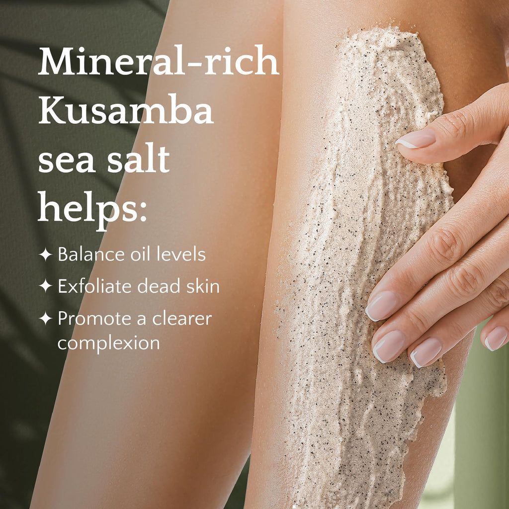 SeaFoam Jasmine Exfoliating Body Scrub 6oz, Gentle Shower Scrub with Kusamba Salt, Coconut & Olive Oil for Soft, Radiant, Daily Nourished Skin, Salt, Kusamba by QUR