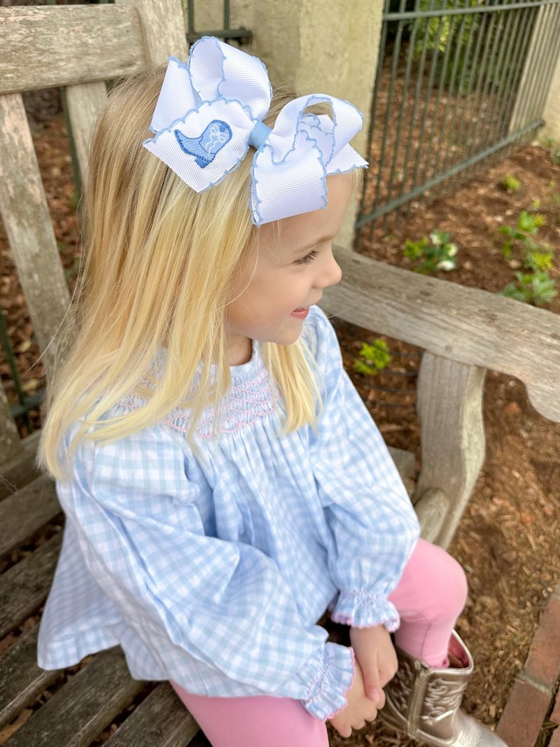 Wee Ones Girls' Western Cowgirl Embroidery Grosgrain Hair Bow with Moonstitch Edge, Blue Boots, Medium