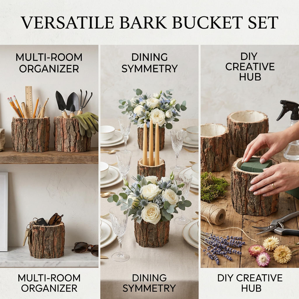Housoutil Wooden Vase for Centerpieces, 3 Pack Wood Flower Vase Rustic Tree Stump Planter Pots, Wooden Bark Flower Bucket for Wedding, Farmhouse Christmas Table Decor, Round Bark Stump Pots