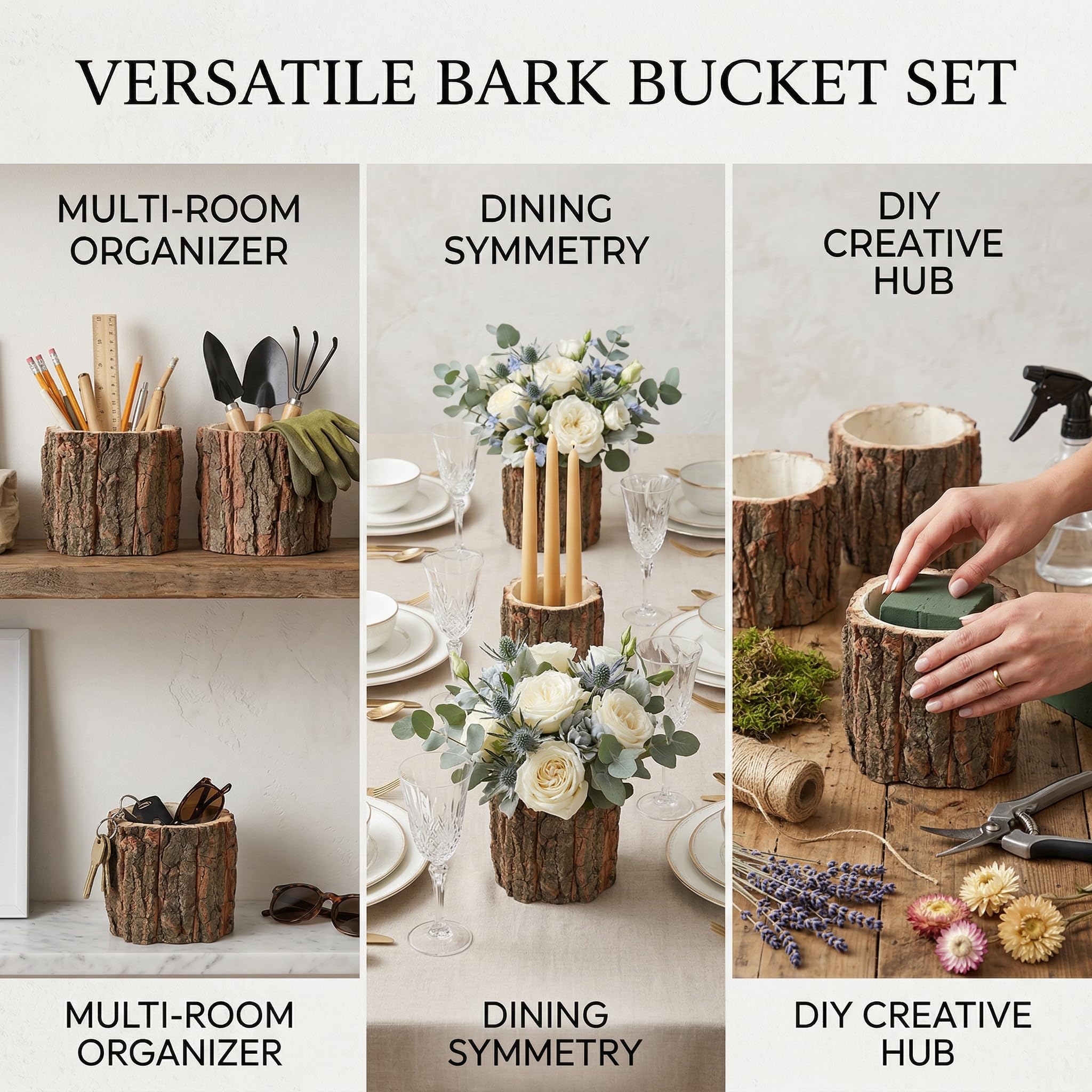 Housoutil Wooden Vase for Centerpieces, 3 Pack Wood Flower Vase Rustic Tree Stump Planter Pots, Wooden Bark Flower Bucket for Wedding, Farmhouse Christmas Table Decor, Round Bark Stump Pots