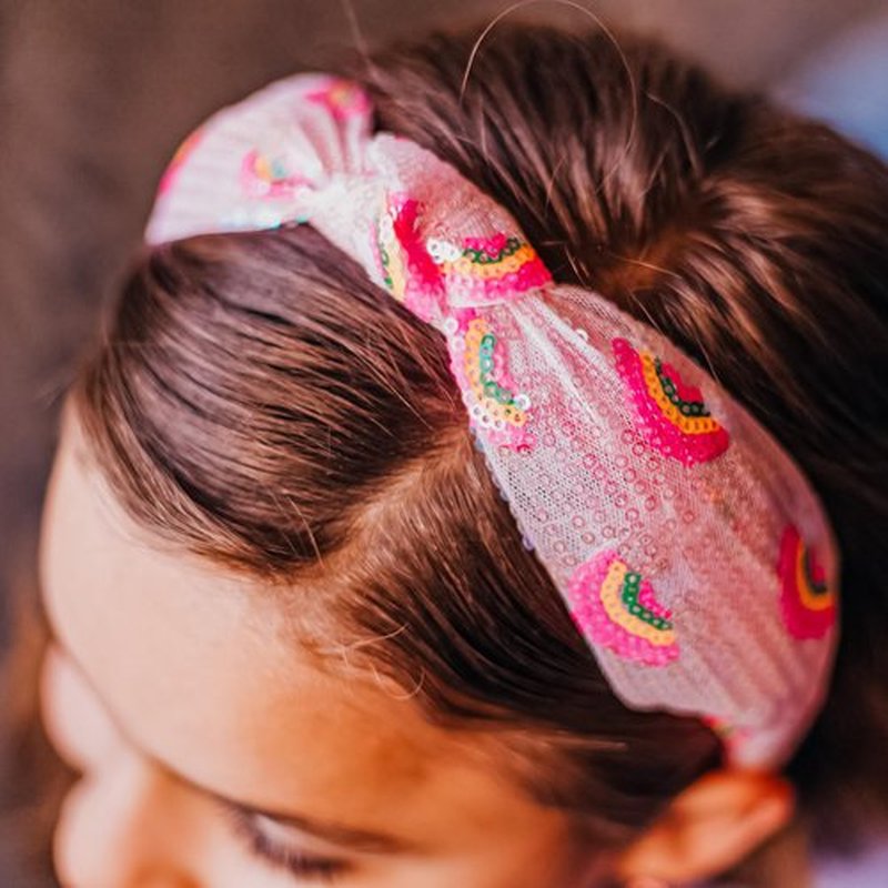 FROG SAC Knot Headband for Girls - Rainbow Sequin Knotted Headbands for Kids, Sparkly Hair Bands for Toddlers, Little Girl Pink Head Band Hair Accessories