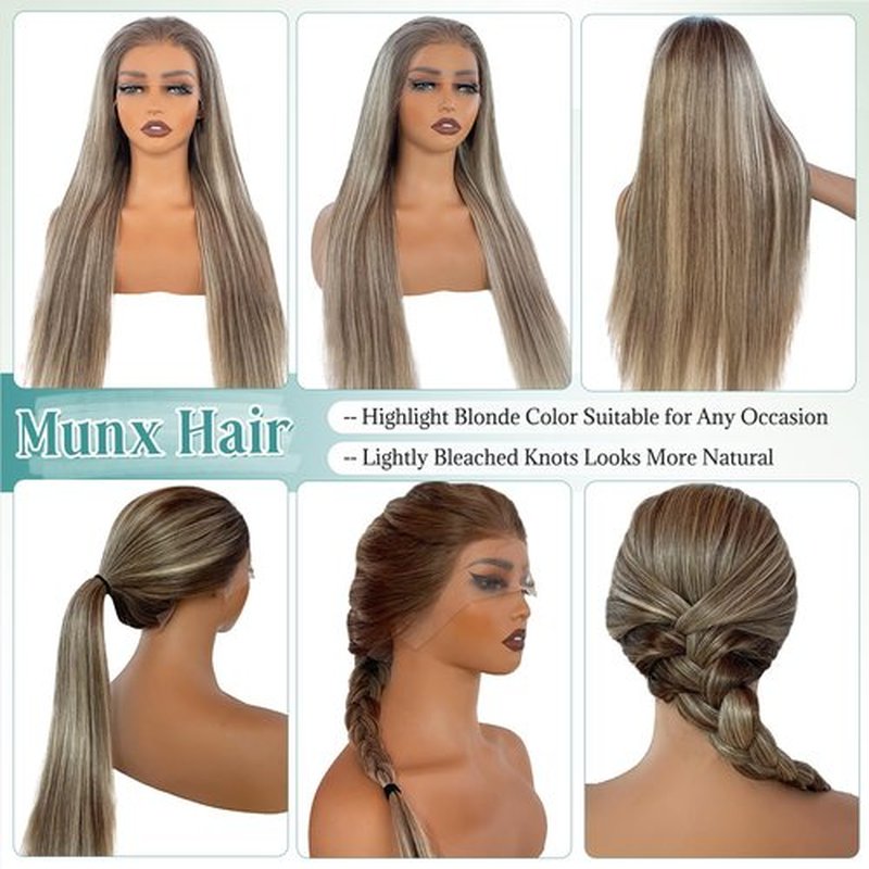 Munx Ombre Highlight Ash Blonde Lace Front Wigs Human Hair, 13x6 HD Straight Lace Front Wigs Pre Plucked Balayage Glueless 180% Density Full Ends Wig Brown Roots Highlighted Human Hair Wig 20"