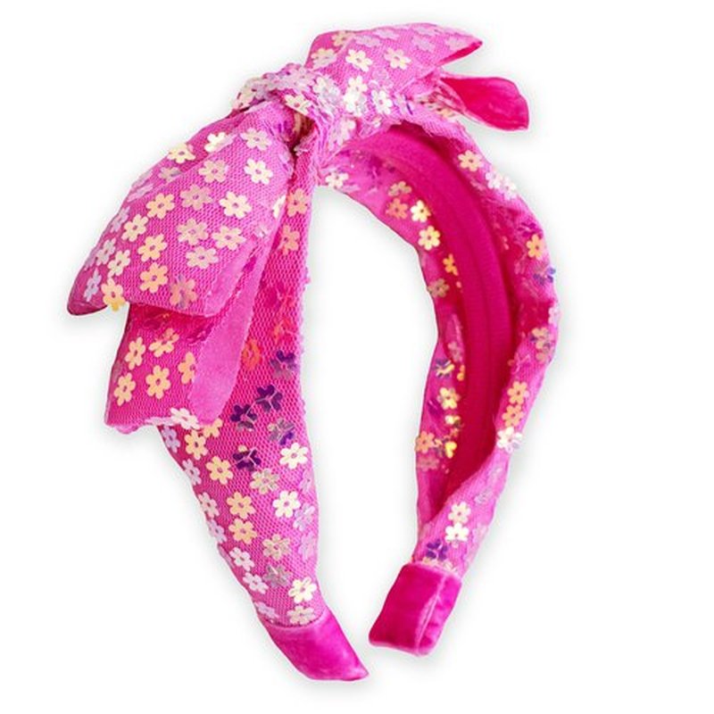 FROG SAC Hairband, Hot Pink Sparkly Sequin Bow Headband for Girls - Little Girl Rainbow Flower Hair Bands, Kids Cute Fashion Head Band Accessories, Floral Tulle Back to School Hairbands