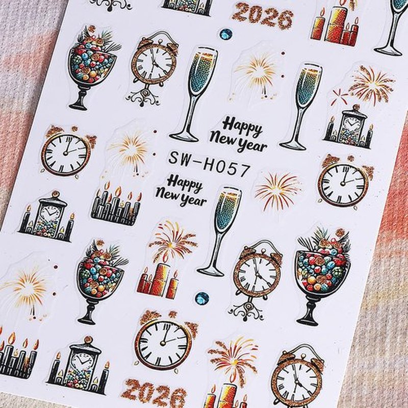 6Pcs Christmas Nail Art Stickers Decals 2026 New Year Fireworks Clock Nail Design Stickers Winter Xmas Nail Art Supplies 3D Self Adhesive Glitter Nail Decals Holiday Manicure Accessories for Women