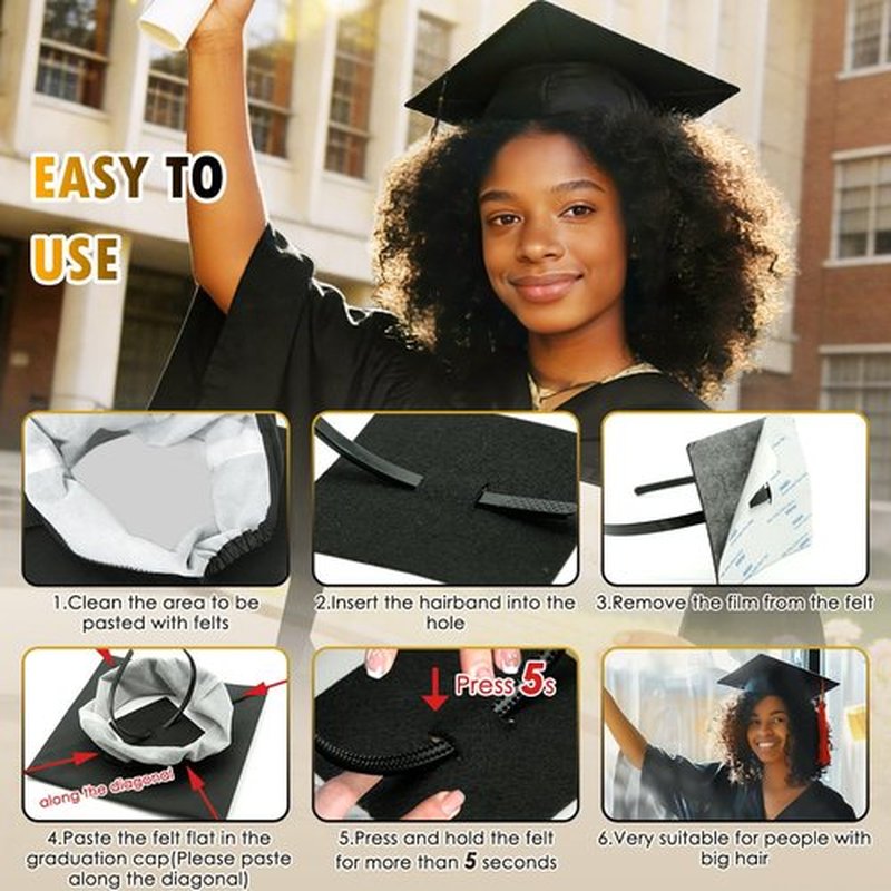 2pcs Black Graduation Cap Headband Insert - Anti-Fall Grad Cap Headband for Curly Hair Secures Graduation Hat,Keep Hairstyle for Graduation Day,Essential Graduation Accessories for Women & Men Student