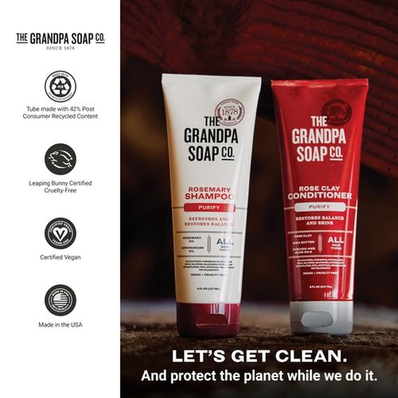 The Grandpa Soap Company Rosemary Shampoo - With Rosemary Oil and Lemongrass Oil, Leaves Scalp and Hair Feeling Clean and Fresh, All Hair Types, Vegan, Sulfates and Parabens Free, 8 Fl Oz 2 Pack