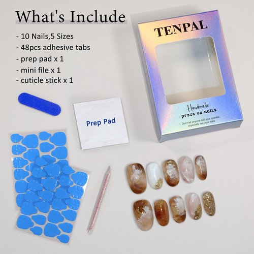 TENPAL Cat Eye Press On Nails 10 Pcs with Tools Kit,Handmade Amber Coffee Ombré Glue on Nails,Short Oval False Nails with Ridge Embossed Glossy Glow Reusable Fake Nails for Autumn Winter Wedding(S)