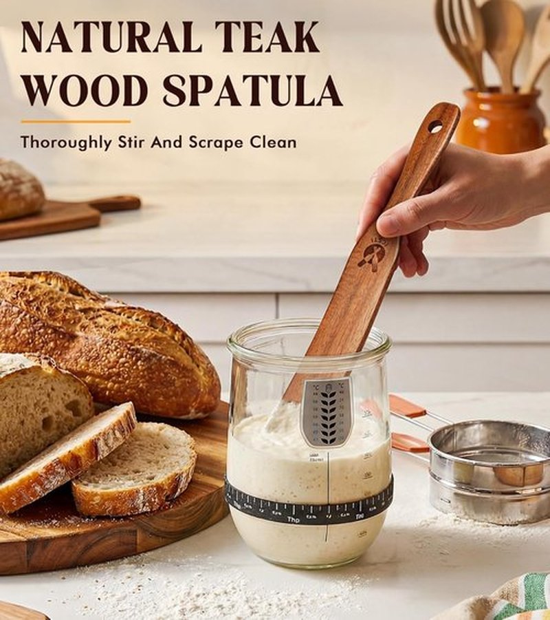 Skiennix Skinny Spurtle - Natural Teak Kitchen Tool for Sourdough Starter & Mixing | Non-Stick Safe