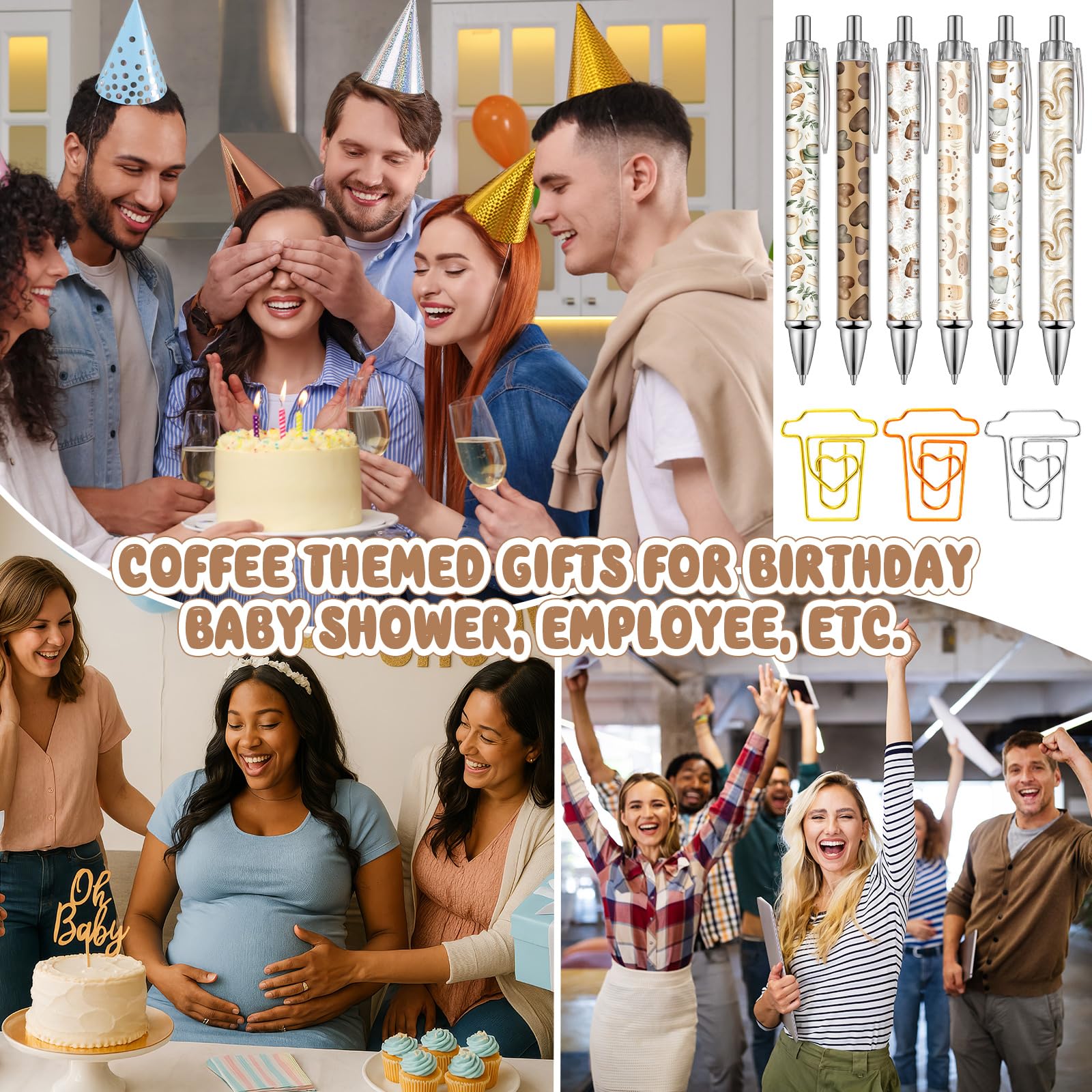 Gilprop 54 Pcs Coffee Theme Gifts 6 Pads Sticky Notes Memo Note 12 Cute Ballpoint Pens 36 Coffee Cup Shaped Paper Clips Bookmarks for Office Supplies Party Favor Coworker Employee Staff Team Gifts