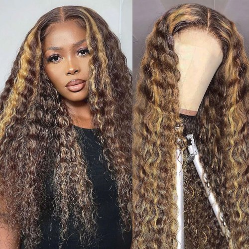 Tuviso 26 Inch Highlight Ombre Lace Front Wigs Human Hair 200% Density 4/27 Colored Pre Plucked Deep Wave 13x6 HD Lace Frontal Wigs Glueless Wig with Baby Hair Honey Blonde Deep Curly Wig for Women