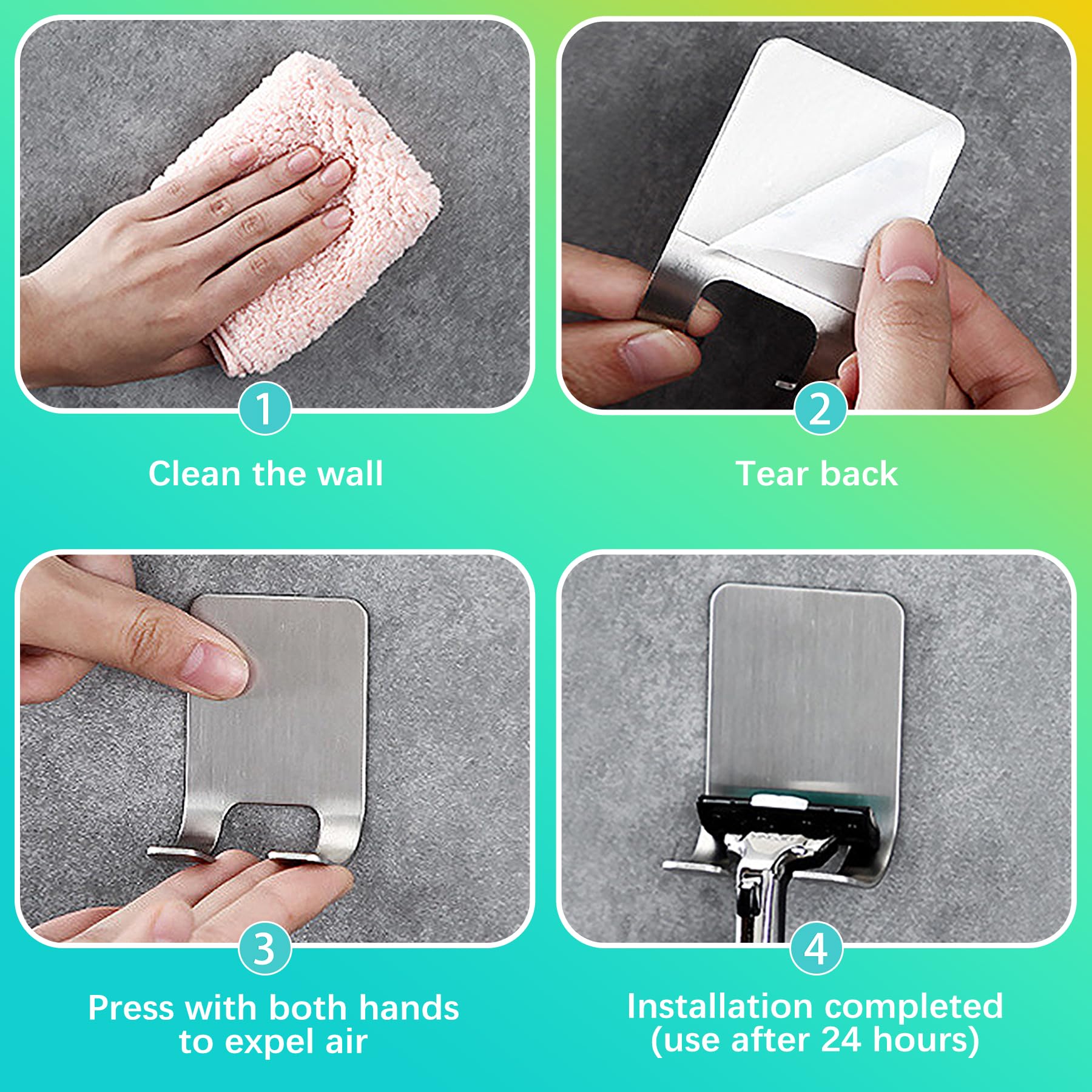 KornaDoz 4 Pack Razor Holder for Shower Wall, Adhesive Shower Razor Holder & Hooks, Waterproof 304 Stainless Steel Shaver Hanger for Bathroom & Kitchen Organization
