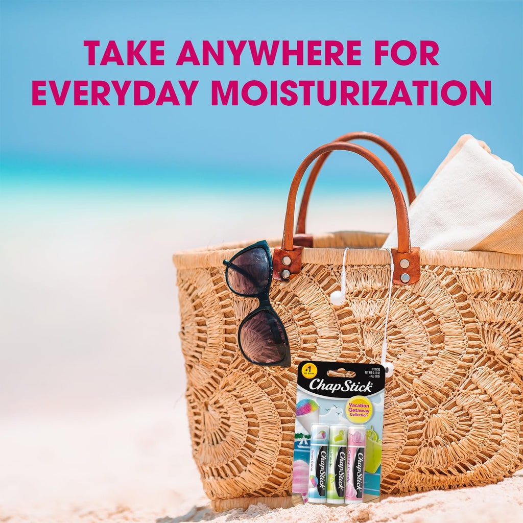ChapStick Lip Balm, Vacation Getaway Collection (Snow Cone, Limeade, and Cotton Candy) + 2 Cotton Candy, 0.15 Oz Ea (5 Piece Set), Hydrating, Replenishing, Soothing, Repairing