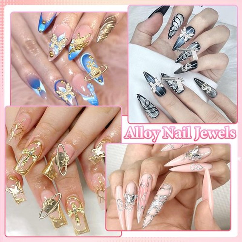 120 Pcs Silver Gold Nail Charms, Gun Cross Star Heart Planet Nails Charms and Gems, Metal Dollar Star Butterfly Y2K Nail Charm for Nails Art Design DIY Accessories