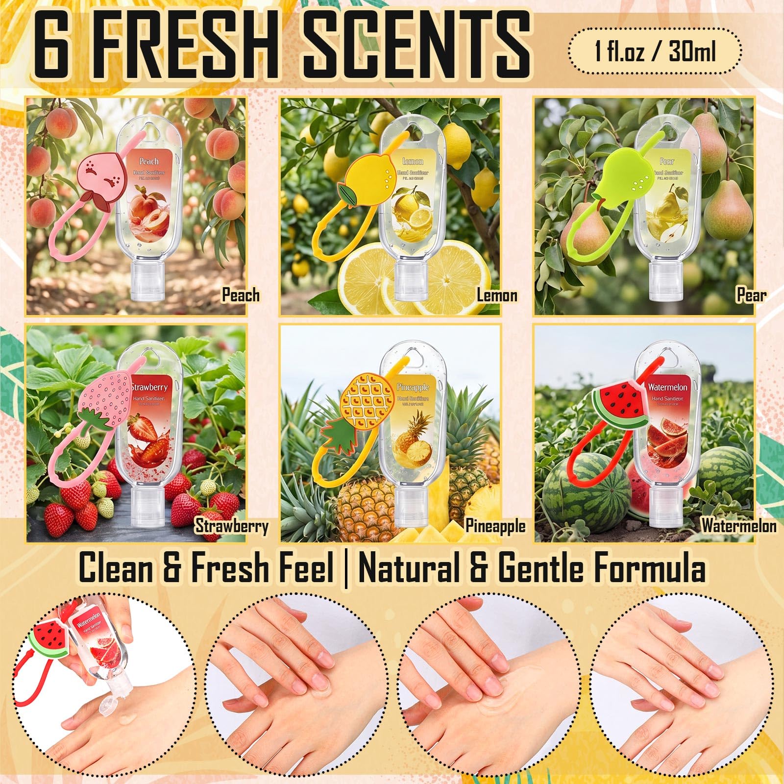 Sacubee 24 Pack Fruit Scentend Hand Sanitizers with Cute Keychains Bulk Travel Size Mini Hand Sanitizer Gel 1oz Employee Appreciation Gifts Teacher Nurse Coworker Team Gifts Back to School Party Favor