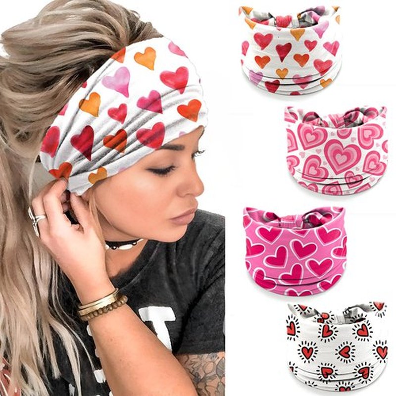 4 Pcs Valentine's Day Headbands for Women, Pink Wide Turban Dress Up Costume Breathable Stretchy Non Slip Head Wrap, Love Heart Printed Pattern Holiday Fall Winter Hair Band for Yoga Running Party