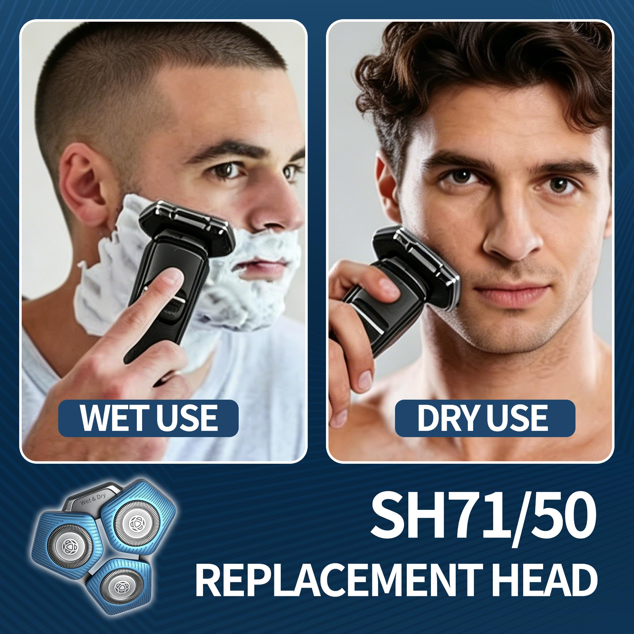 SH71/50 Replacement Heads for Ph*-lips No*elco Shavers,Compatible with Series 7000 & 5000 Electric Razor Blades, Wet & Dry Use, Easy-Install Replacement Shaver Heads, 1 Pack (Blue)