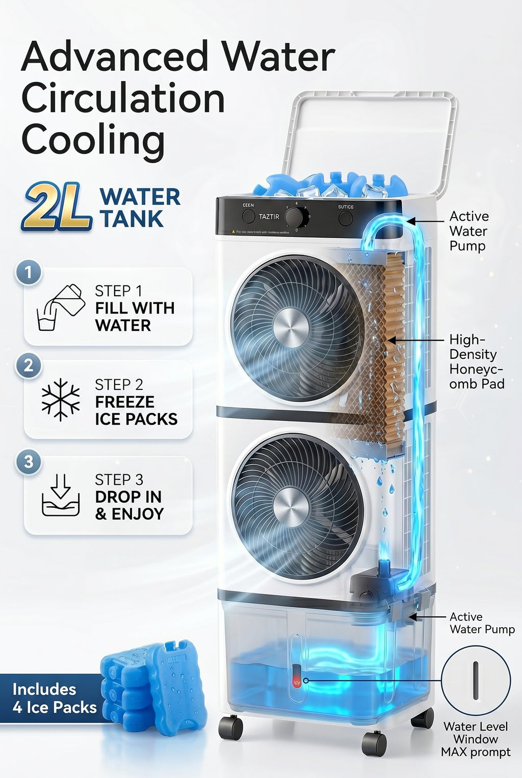Taztir 2026 Flagship Swamp Cooler, Portable Evaporative Air Cooler, Cooling Tower Fan with 10-Gal Water Tank, 3 Modes 3 Speeds, 30H Timer, 4 Ice Packs, 45° Oscillation & Wheels for Room Office Garage