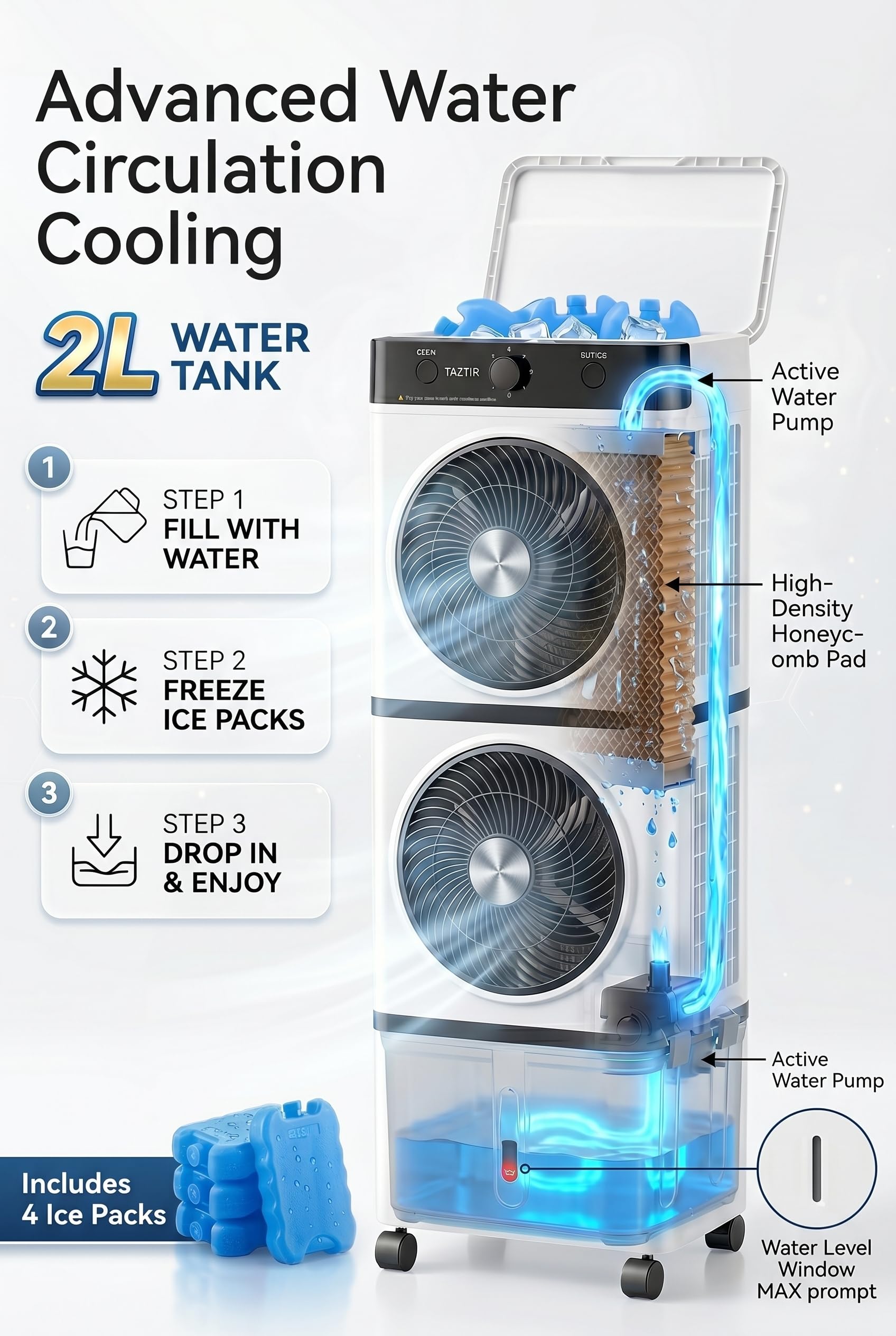 Taztir 2026 Flagship Swamp Cooler, Portable Evaporative Air Cooler, Cooling Tower Fan with 10-Gal Water Tank, 3 Modes 3 Speeds, 30H Timer, 4 Ice Packs, 45° Oscillation & Wheels for Room Office Garage