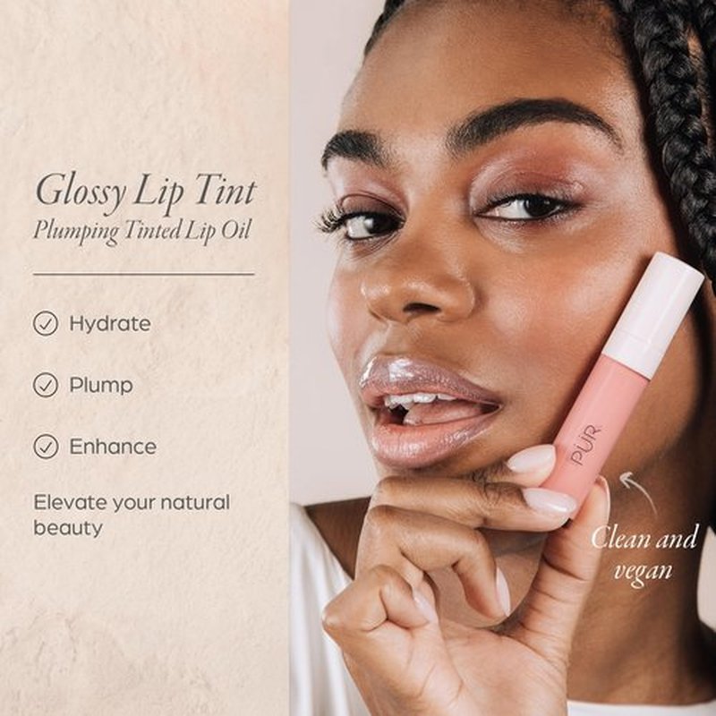 PÜR MINERALS Glossy Lip Tint, Plumping Tinted Lip Oil- Hydrate & Plumps with Buildable, Non-Sticky & High Shine Formula - Jajoba Oil, Vitamin E & Pomegranate Extract
