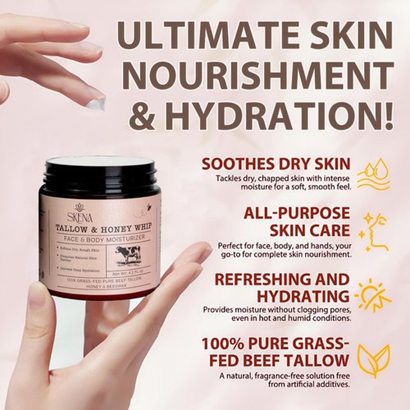 Grass-Fed Beef Tallow Moisturizer with Honey & Beeswax – Whipped Tallow Face Cream for Deep Hydration – Natural Face & Body Balm for Dry, Sensitive Skin – 4.2 oz for Men & Women