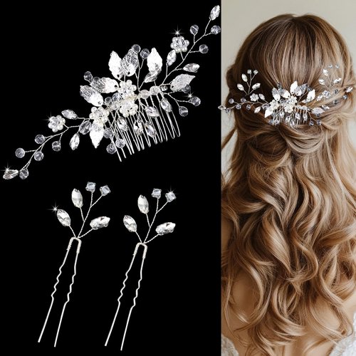 Crystal Wedding Hair Accessories - Hair Comb with Rhinestone Hair Pins and Pearls for Bride, Bridesmaids, Flower Girls (Silver)