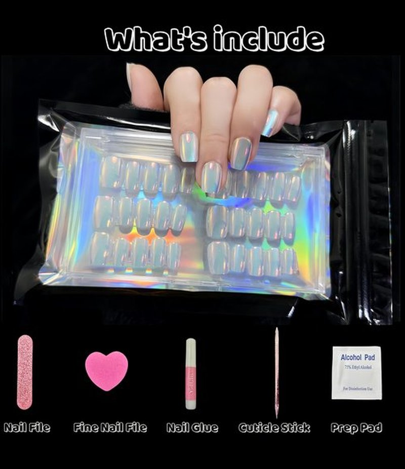 Incantevole Cat's Eye Press On Nails (30PCS；SIZE：XS-S-M), Short Square Fake Nails, Handmade Nails, Gradient Coated False Nail Tips (Mirror Finish Blue-Pink)