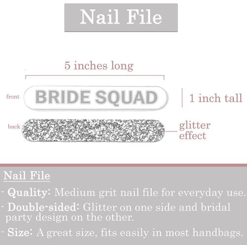 Bridal Survival Kit for Wedding Day - Set of 10 Silver Sparkle Bridal Party Nail Files (2) Bride to Be, (8) Bride Squad - Bulk Nail Kits for Party Favors - Emery Board (2BD8BSQ) SLV