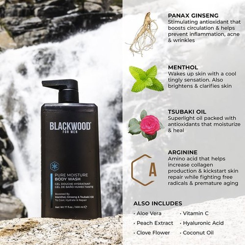 Blackwood For Men Pure Moisture Body Wash - Natural Mens Body Wash with Ginseng & Cooling Menthol - Sulfate Free Moisturizing Cleanser & Bodywash for Dry Skin or Sensitive Skin - Dye Free, Vegan, 17oz