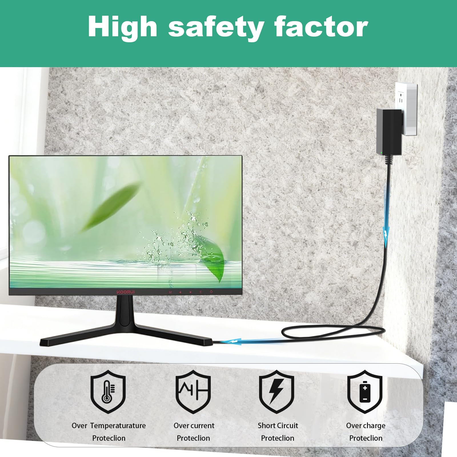 12V Power Cord for Koorui Monitor Compatible with Koorui 24E4 24N50C 24N1 24N1A 22N1 21.5'' 24'' LED Full HD 1080P Curved Gaming Monitor Charger Power Adapter