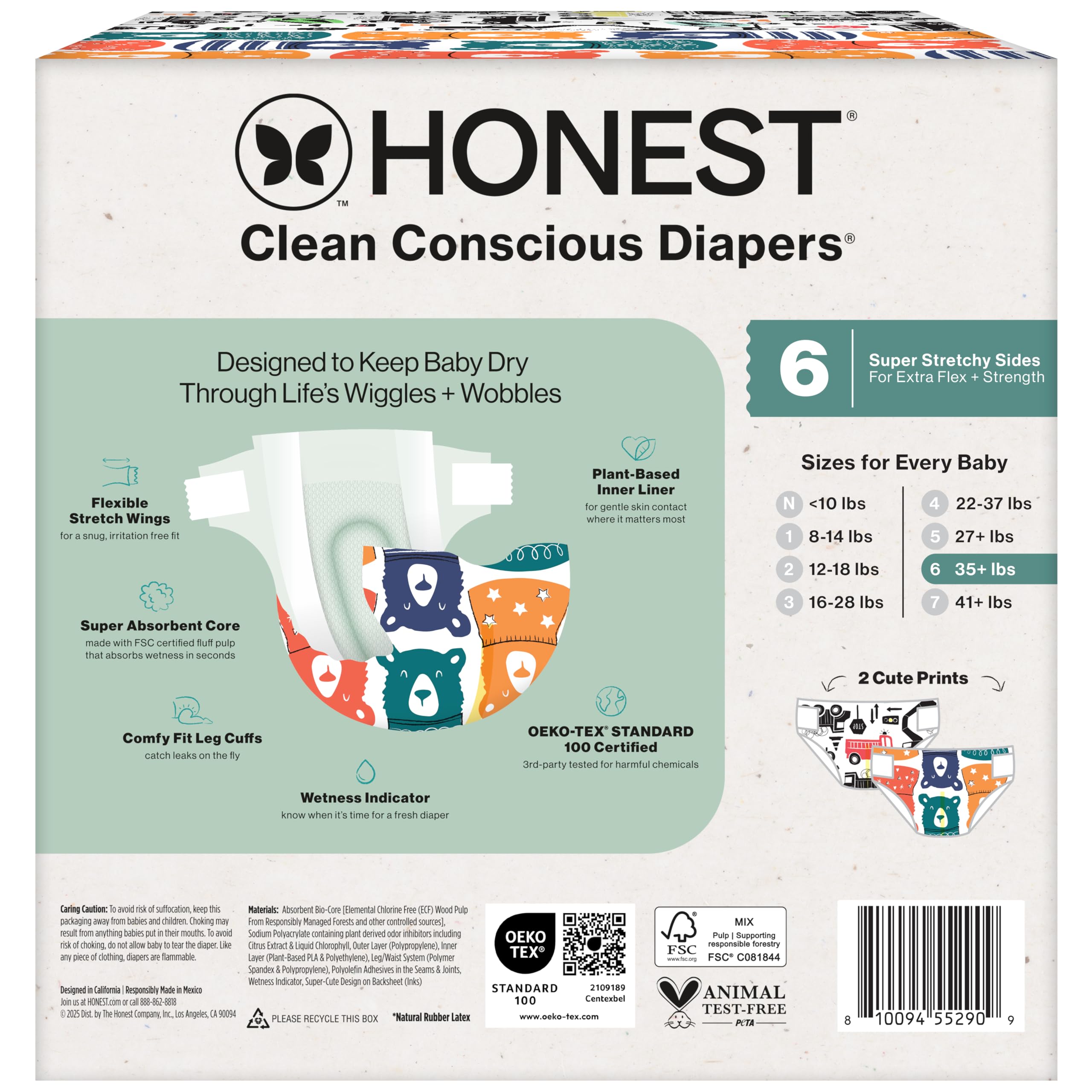 The Honest Company Comfort Dry Disposable Daytime Diapers, Hypoallergenic, Fragrance-Free, Sensitive Skin, Beary Cool + Big Trucks, Club Box Size 6 (35+ lbs), 40 Count