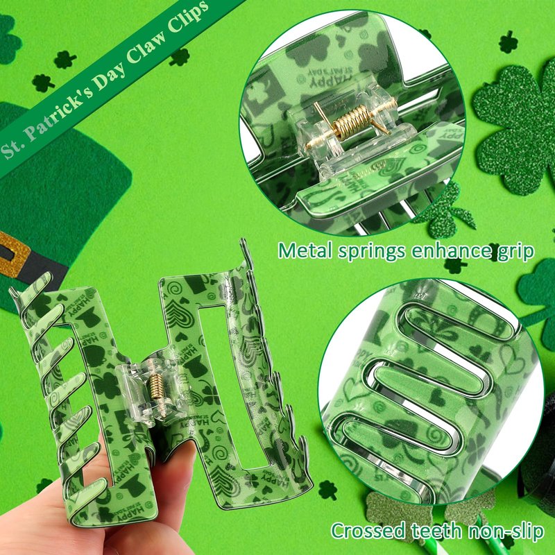 Vovii 3Pcs Shamrock Hair Claw Clips for Women St. Patrick's Day Accessories, Green Clover Style Square Clips Irish Hair Accessories For Thin Thick Hair Holiday Party Favors