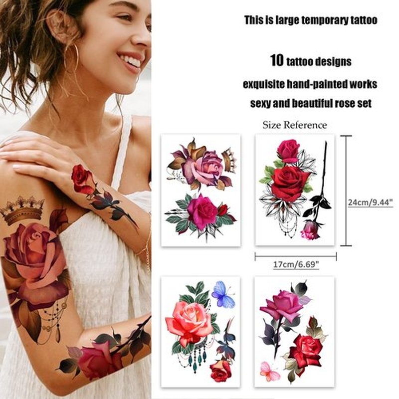 ROARHOWL Stunning rose flower temporary tattoos for women, largerose tattoo set (Rose 1)