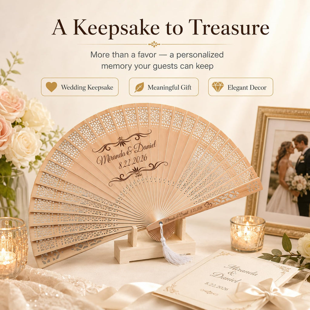 Personalized Wedding Fans for Guests, Custom Wooden Folding Hand Fans Bulk, Engraved Sandalwood Handheld Fans with Organza Bags & Tassels, Party, Bridal & Birthday Shower Favors (50PCS)