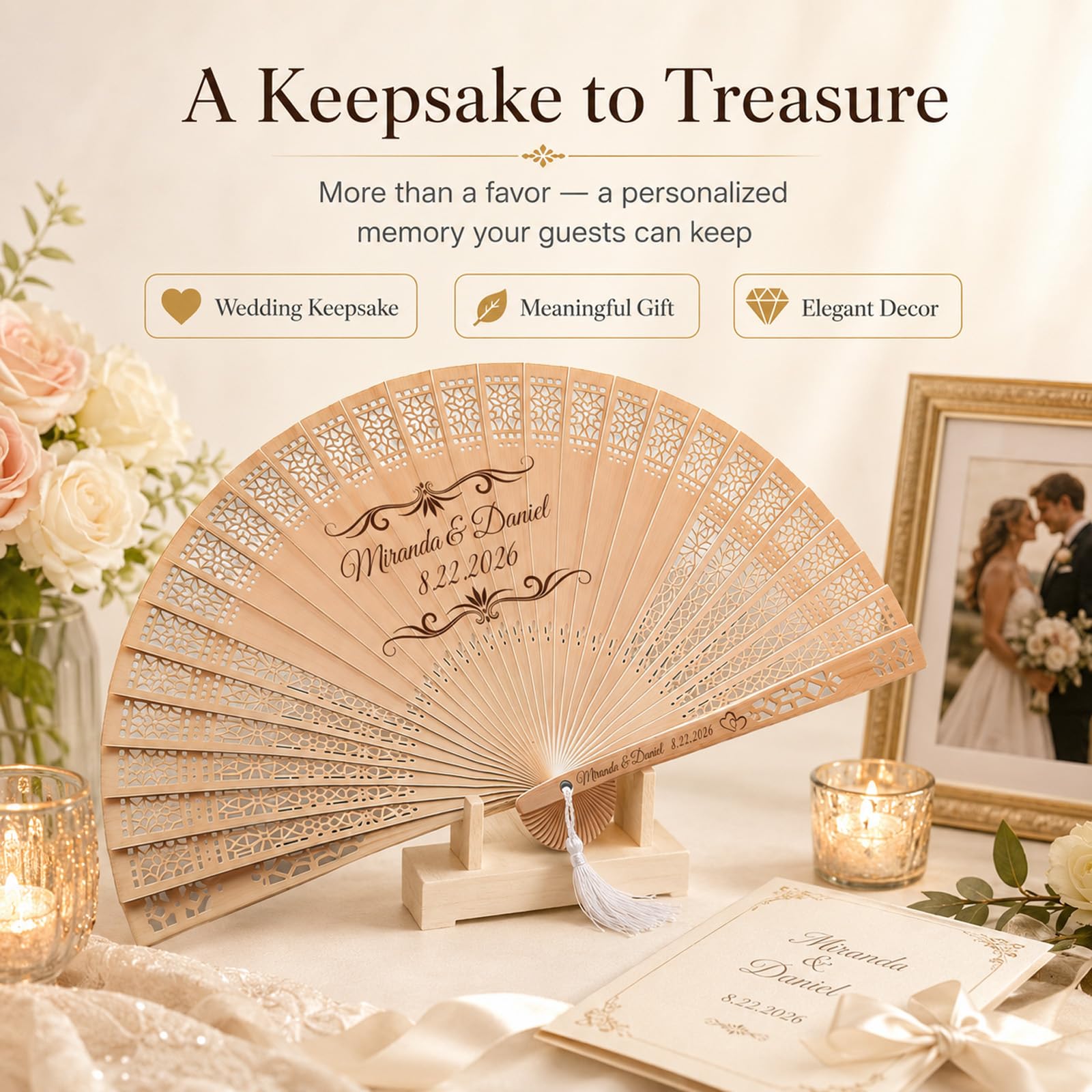 Personalized Wedding Fans for Guests, Custom Wooden Folding Hand Fans Bulk, Engraved Sandalwood Handheld Fans with Organza Bags & Tassels, Party, Bridal & Birthday Shower Favors (50PCS)