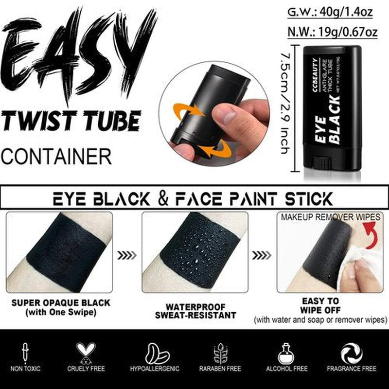 CCbeauty 3 Pack Black Eye Black, Sweatproof Eyeblack Stick for Baseball Football Softball Lacrosse, Face Paint Sports Grease for Pro Performance, Game Day Cheer Playoffs Accessories for Players & Fans