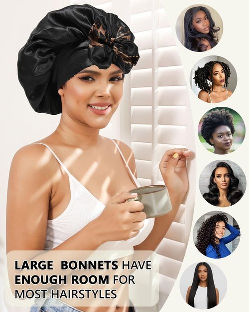Satin Bonnet Silk Hair Wrap for Sleeping - Reversible Night Cap with Tie Band (Leopard + Black)