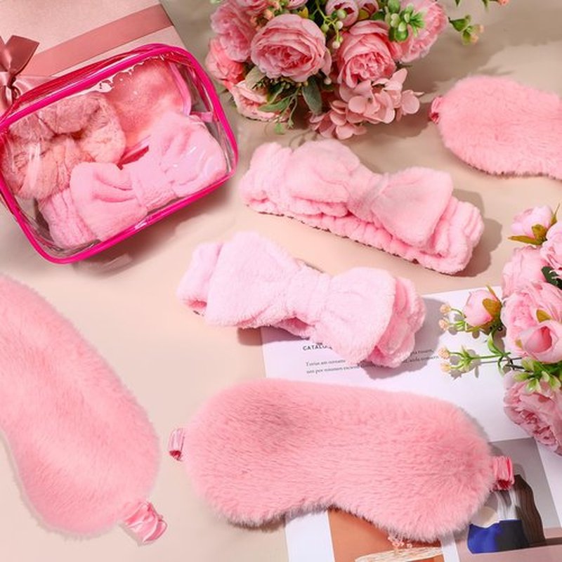Hoteam 36 Pcs Sleepover Party Supplies 12 Spa Headband 12 Plush Sleep Eye Mask 12 Clear Cosmetic Bags Makeup Headband for Washing for Adult Spa Party Favor Graduation Beauty Gift(Pink)