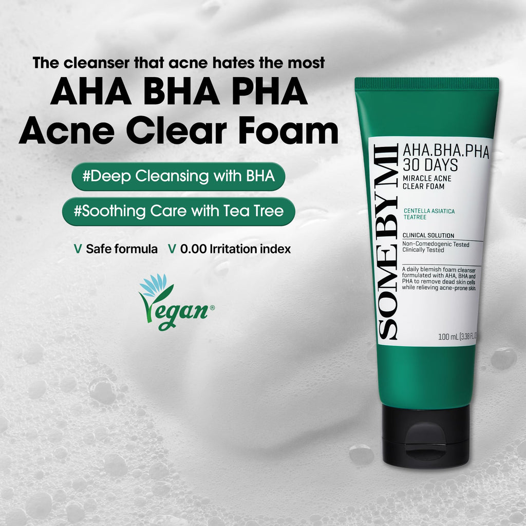 SOME BY MI AHA BHA PHA 30 Days Miracle Acne Clear Foam – Pack of 2 – Korean Acne Face Wash for Smooth & Clear Skin – Salicylic Acid Cleanser for Exfoliation & Sebum Control – Korean Skin Care