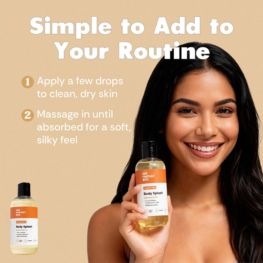 Her Fantasy Box | Body Splash Caramel Glaze Fragrance Oil – Warm Caramel & Vanilla Gourmand Scent, Lightweight Hydrating Body Oil, Vegan & Cruelty Free