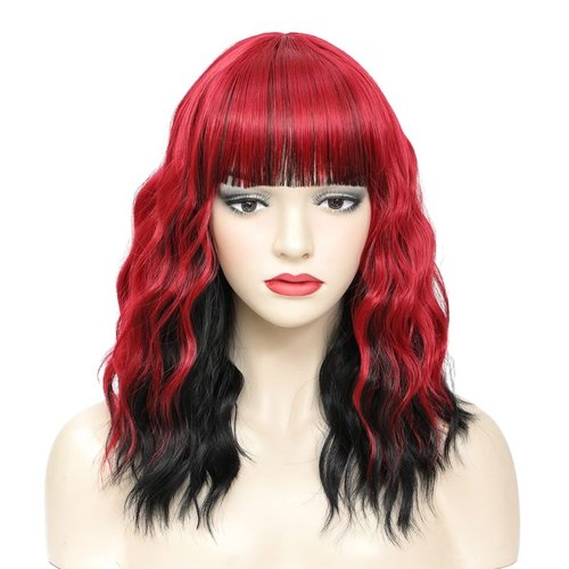 Red Bob Wig with Bangs, Short Wavy Wig with Bangs Red and Black Highlight Bob Wig Natural Wavy Short Wigs for Women Cosplay Halloween Party Use 14 Inches(HL Red)
